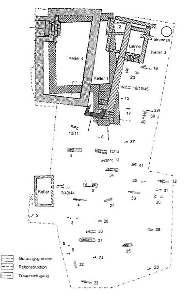 Lageplan der freigelegten Mauern und Skelette
